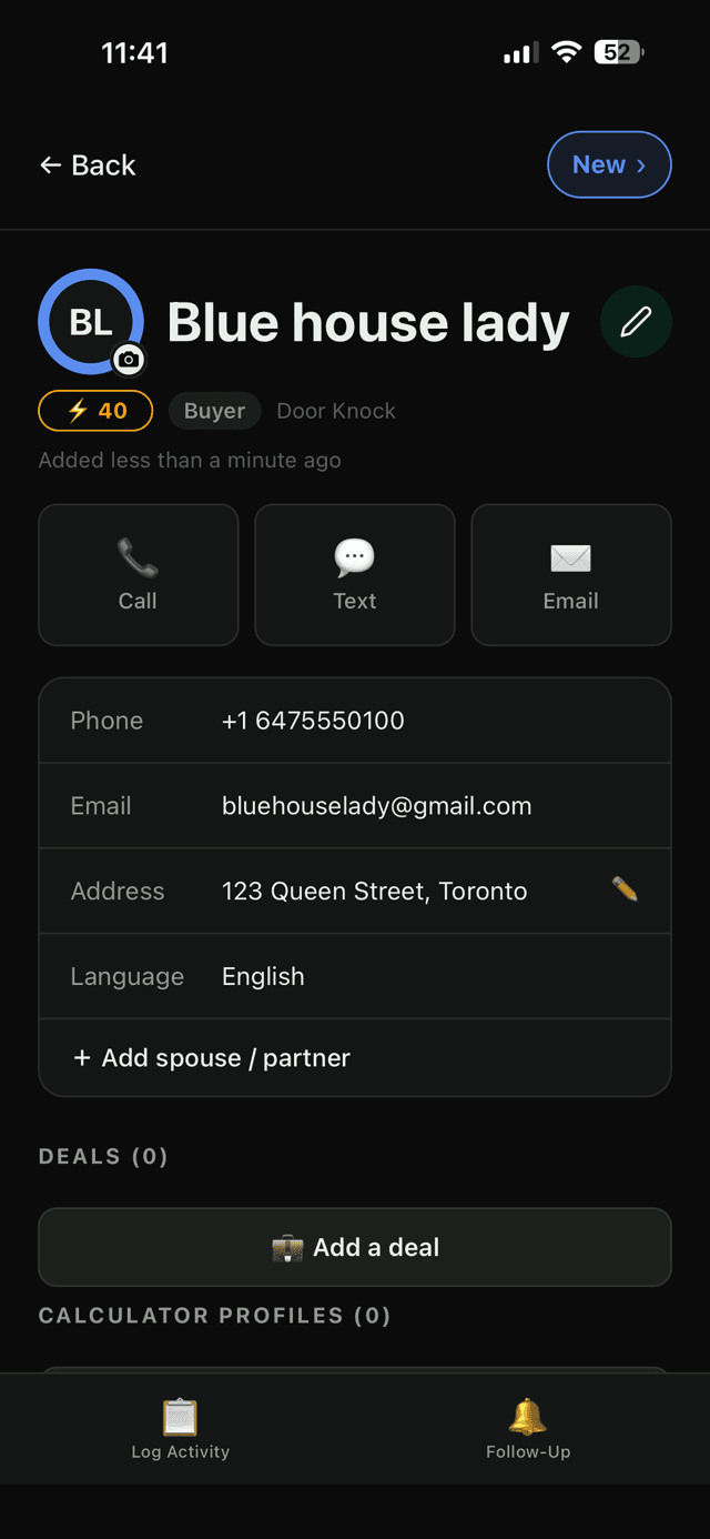 Keychime lead record with contact details and activity